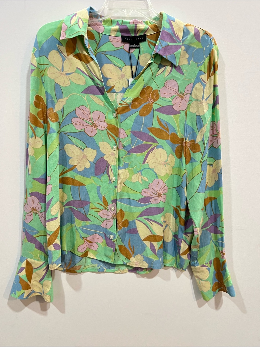Sanctuary Floral Button Down Blouse Size L NWT Tropical Rayon